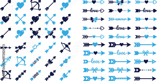 Love arrow icons and symbols set valentine heart cupid theme vector.
