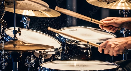 close-up drum set with sticks in motion, dynamic action, high speed photography