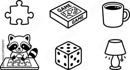 Black and white line art raccoon playing jigsaw puzzle with game box dice lamp and coffee cup icons