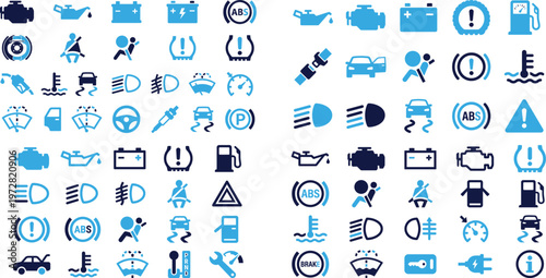 Car dashboard warning lights icons set in blue and navy on white background.
