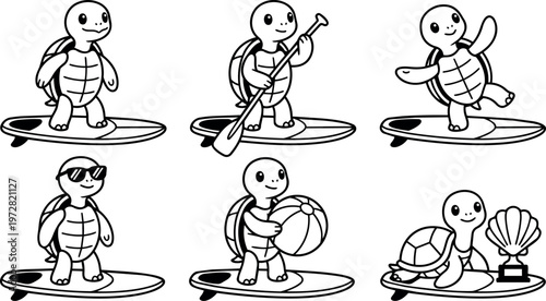 Black and white line art turtle surfing holding paddle and beach ball