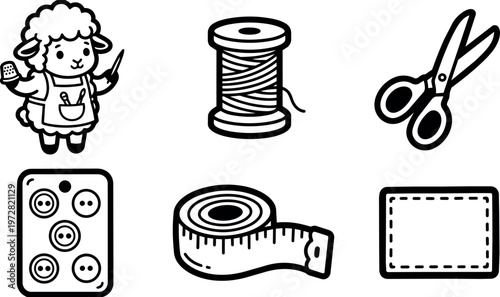 Black and white sewing tools with cartoon sheep tailor character vector art