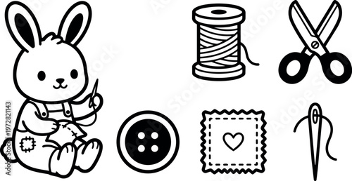 Black and white line art bunny sewing patch with thread scissors button needle