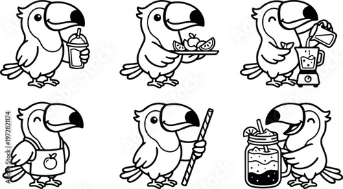 Black and white line art toucan holding fruit smoothie and blender