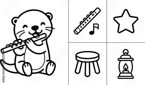 Happy otter playing flute with music star stool lantern line art