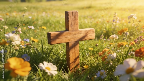 Small wooden cross in green grass with wildflowers on Easter day