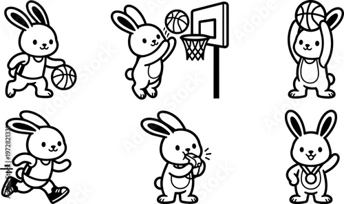 Black and white line art cute bunny playing basketball and running with whistle and medal