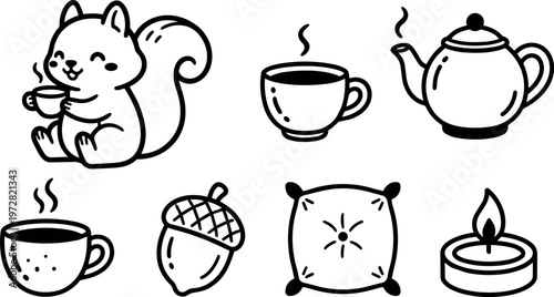 Cute squirrel holding tea cup with acorn pillow candle and teapot line art