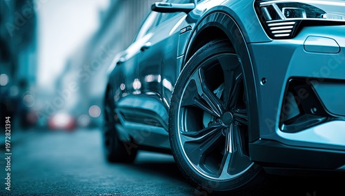 Sleek Modern Electric Car Wheel and Bodywork Close-up on City Street.