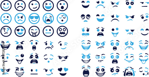 Set of blue face emojis expressing various emotions on white background.