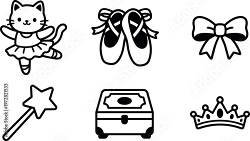 Cute cat ballerina dancing with ballet shoes crown wand bow and treasure chest line art