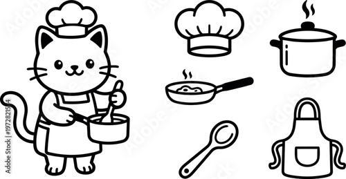 Cute cat cooking with saucepan chef hat frying pan spoon and apron line art