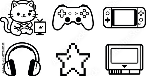 Cute cat holding game controller with pixel star and gaming icons vector art