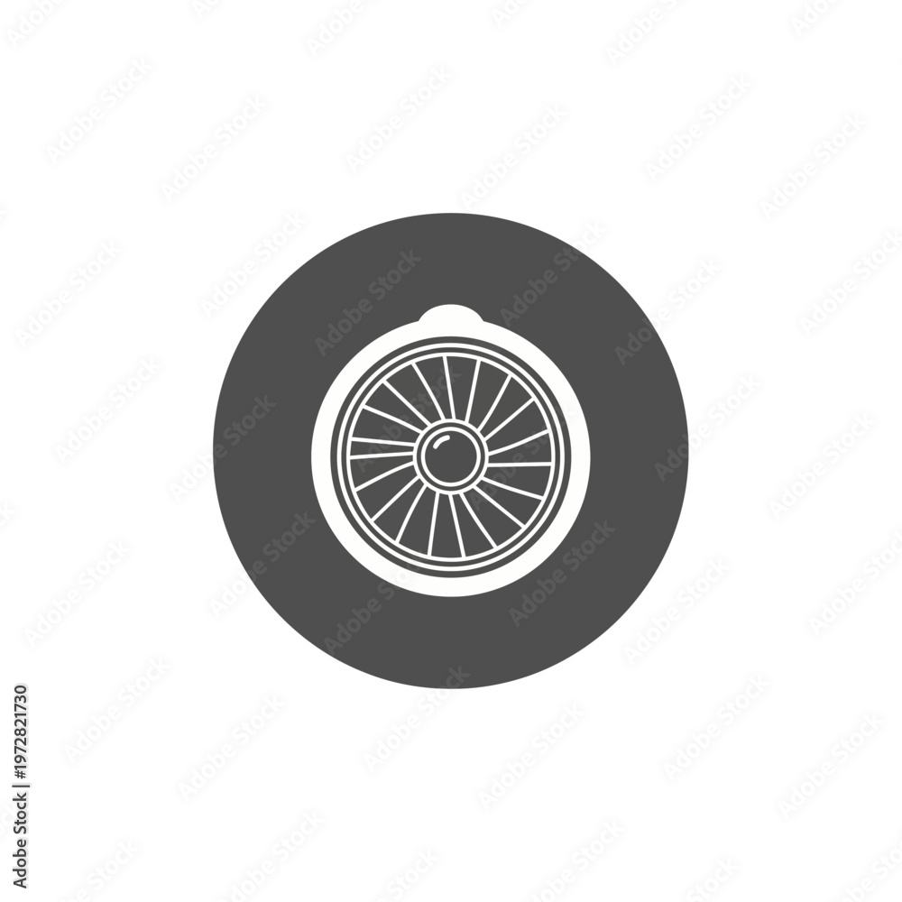 Obraz premium Simple vector graphic of a stylized circular wheel or air vent with radial spokes, designed as a minimalist grey and white icon for mechanical concepts