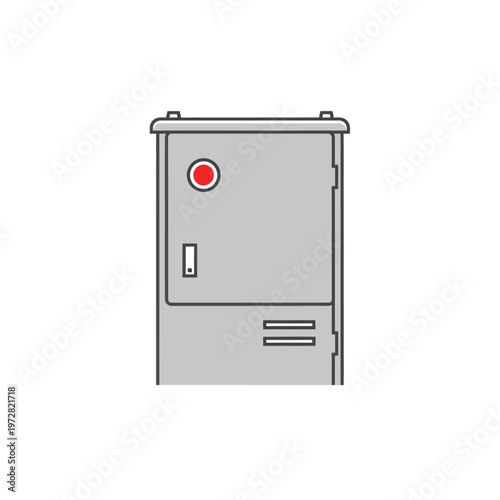 Electrical cabinet or utility box with a red light, a door, and ventilation slots, rendered in a simple flat graphic style