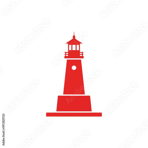 A simple, clean, and modern red lighthouse icon with a beacon, symbolizing guidance, safety, and coastal navigation in a minimalist design