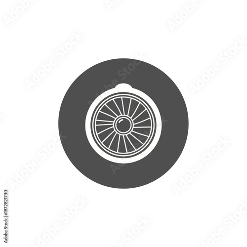 Simple vector graphic of a stylized circular wheel or air vent with radial spokes, designed as a minimalist grey and white icon for mechanical concepts