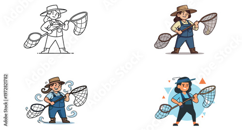 Cartoon women fishing, female characters holding fishing net, outdoor activity, farm work, catching fish, summer holiday adventure, lifestyle illustration design