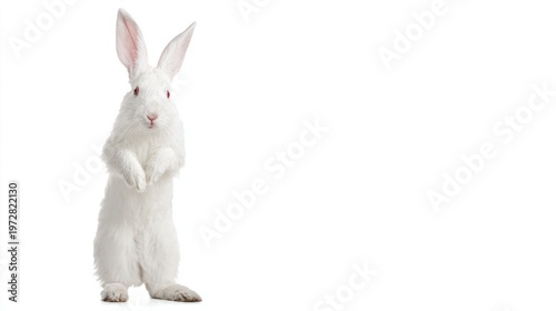 A standing rabbit with bright red eyes and pure white fur, isolated on a white background