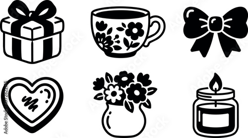 Black and white floral cup gift box candle heart bow and flower vase icons