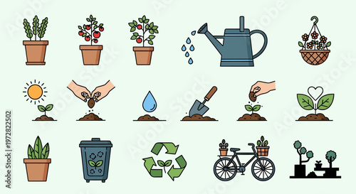 Urban gardening icon set plants eco green lifestyle