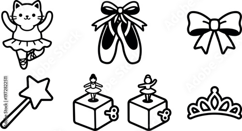 Black and white line art ballet cat dancing with ballet shoes magic wand and crown icons