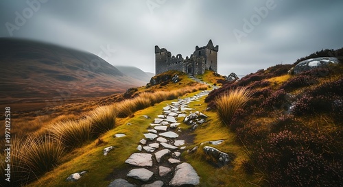 Stone path leads to ancient castle ruins on a hilltop, surrounded by misty moorland
