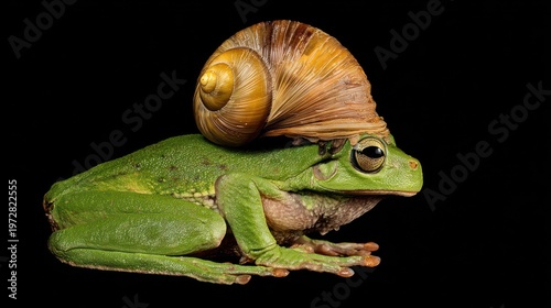 A vibrant green frog sits with a large snail shell balanced atop its head, against black
