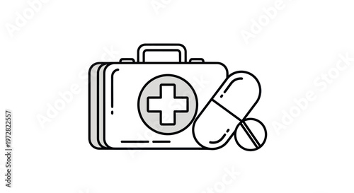 First aid kit and medicine pill.