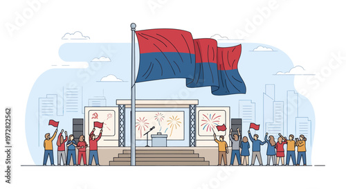 People holding red and blue flags.