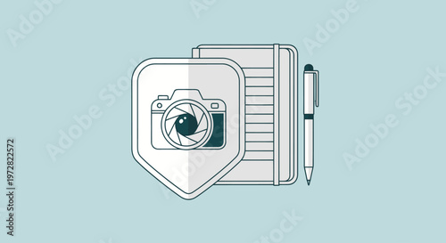 Camera and notebook with a pen.