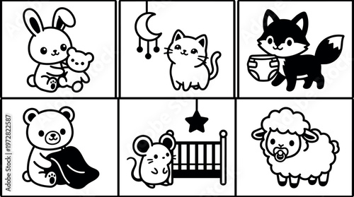 Black and white line art baby animals including bunny cat fox bear mouse and sheep