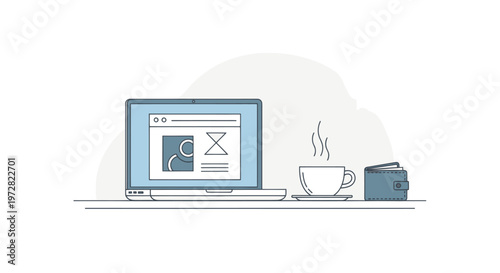 Laptop on desk with coffee cup.