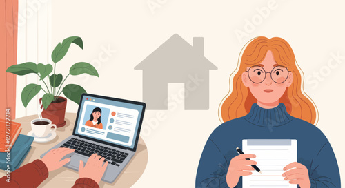 Woman holding papers and pen smiling.