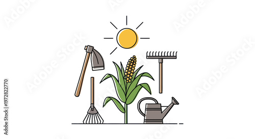 Gardening tools and corn plant.