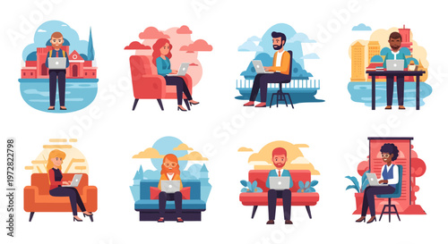 Digital nomad working remotely character pack modern freelance lifestyle