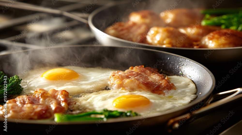 Fototapeta premium brunch meal preparation scene, kitchen cooking process, lifestyle culinary photography