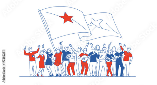 People protesting with flags and signs.