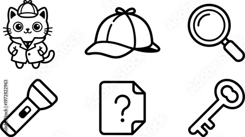 Cute detective cat with hat magnifying glass flashlight and key line art