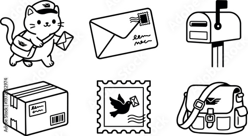 Black and white line art cat mail carrier holding envelope with postal icons