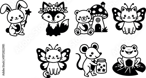 Black and white cute animals with wings mushroom house and magic wand vector art
