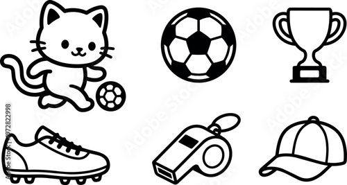 Cute cat playing soccer ball with trophy whistle cleat and cap line art icons