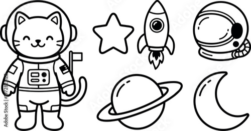 Cute astronaut cat holding flag with rocket star planet and moon line art