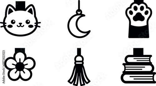 Black and white cat face moon flower tassel paw print and books icons set
