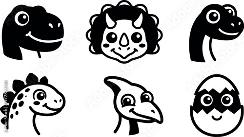 Black and white cute dinosaur faces vector art set with egg character