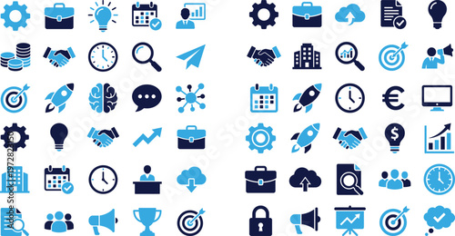 Business and finance icons symbolizing growth strategy and corporate collaboration elements.