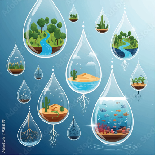 Various ecosystems are displayed in teardrop-shaped containers filled with water and soil showcasing diverse plants and aquatic life forms.