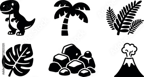 Black and white cute dinosaur palm tree volcanic rocks and tropical leaves vector art