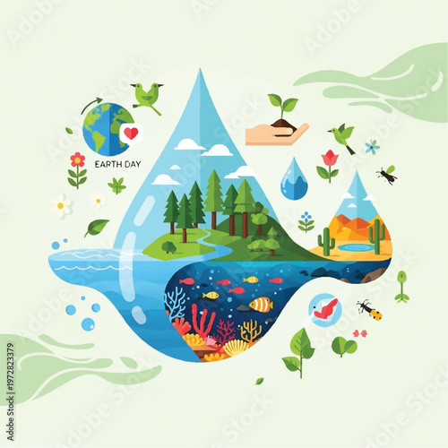 Earth Day illustration shows a water droplet with diverse ecosystems and wildlife inside, symbolizing environmental conservation and sustainability on our planet.