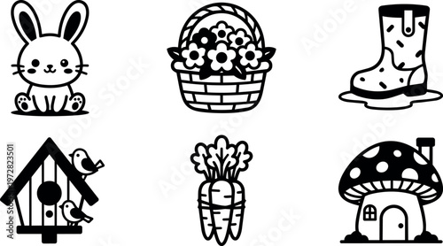 Bunny flower basket boot birdhouse carrot and mushroom house